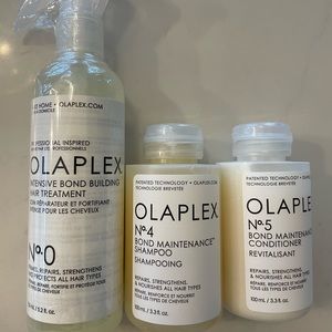 Olaplex #0 Intensive Hair Treatment and #4 and 5 Shampoo and Conditioner.